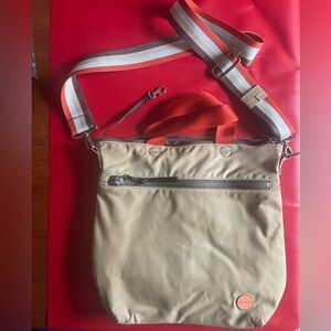 Beige Crossbody Bag with Striped Strap